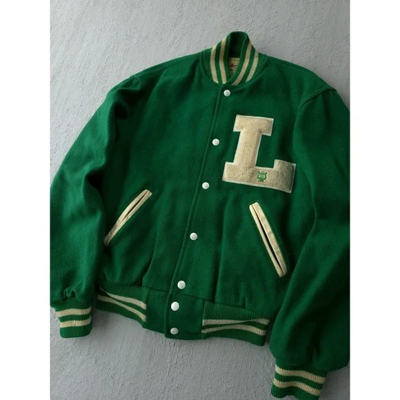 Vintage 1960s Holloway Green Wool Varsity Bomber Jacket USA Made 38 M - Picture 2 of 15